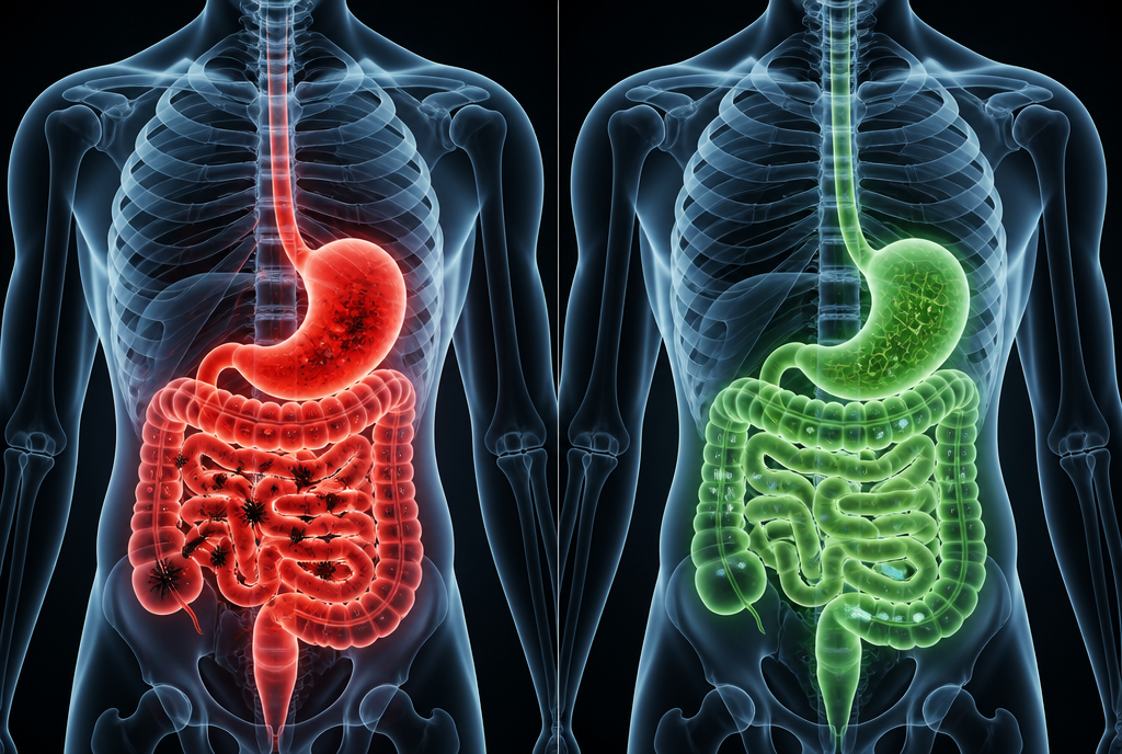 An x-ray showing an inflamed red gut on the left and a healthy green gut on the right