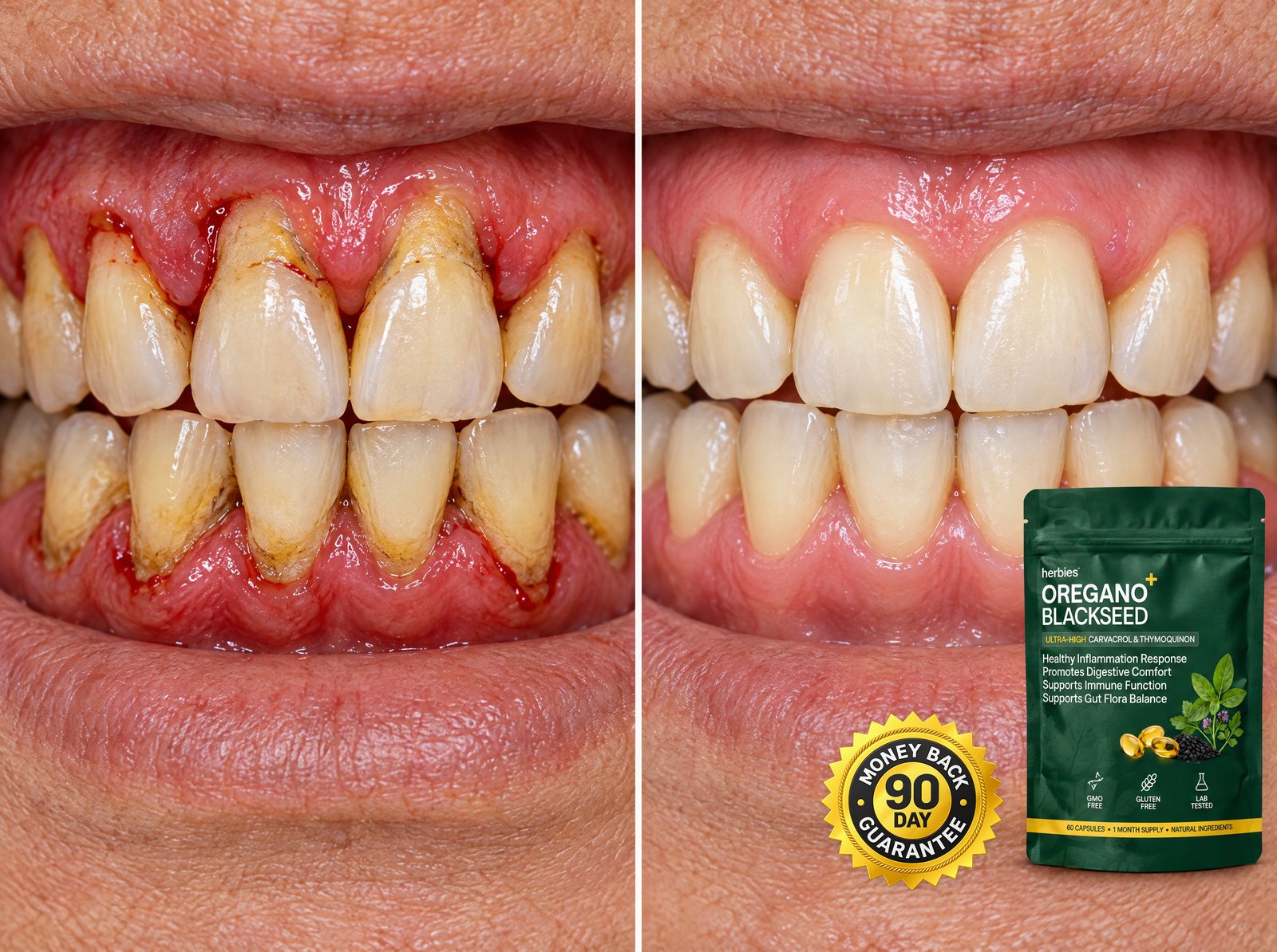 Close-up of inflamed, receding gums next to healthy pink gums, with Herbies Oregano+ and a 90-day money-back guarantee