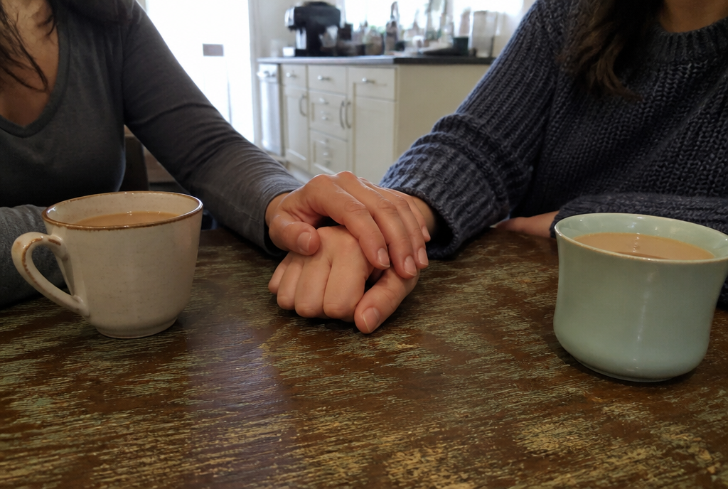 Two hands clasped together on a kitchen table